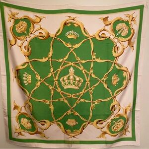 Hermes Green Gold Cream Crown Motif Silk Scarf